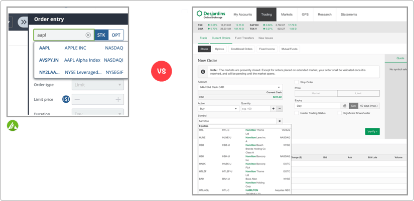 Questrade vs Desjardins Disnat Online Brokerage Screenshot